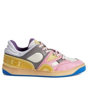 NEW GUCCI Basket Panelled Low-Top Sneaker in Pastel Pink Yellow White Demetra 40